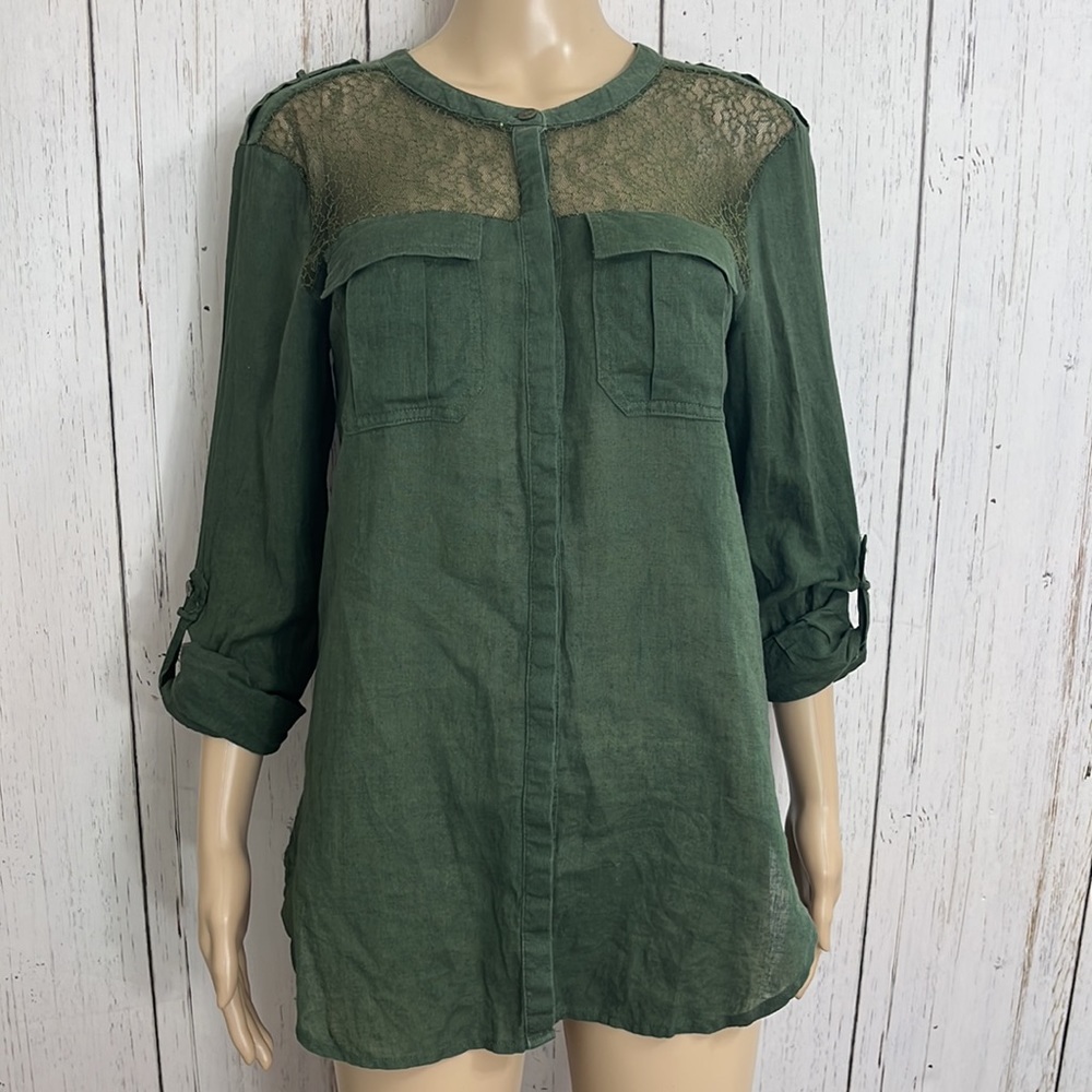 Free People Green Linen Cotton Blend Long Sleeves Army Green Top Lace Bodice